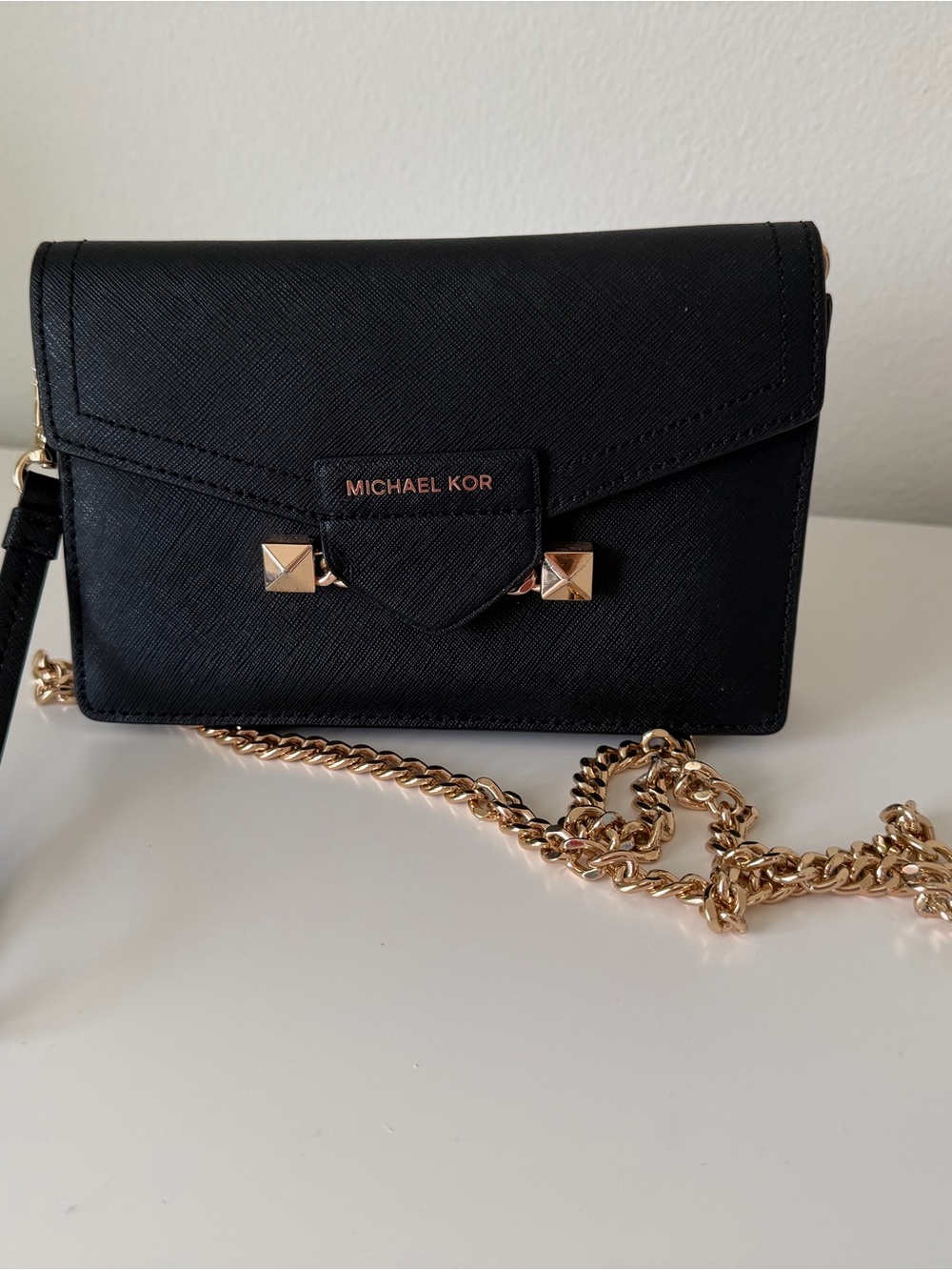 Michael Kors Black Saffiano Crossbody with Gold Chain Strap